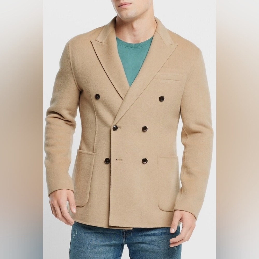 Express Men's Beige Double-Breasted Pea Coat
